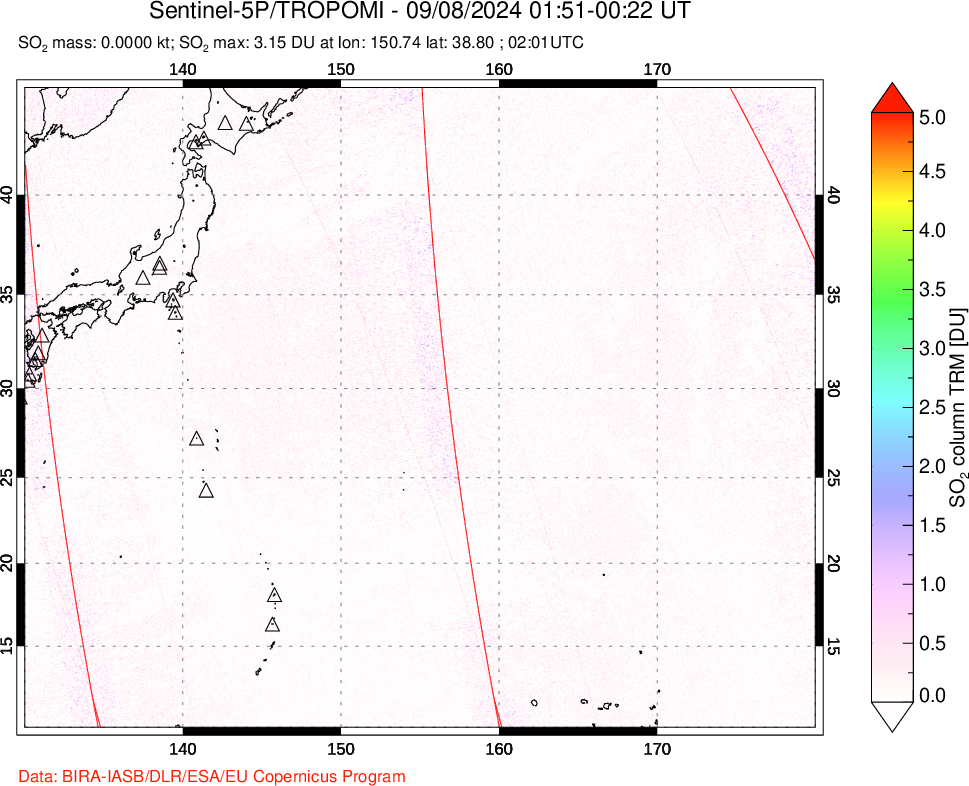 A sulfur dioxide image over Western Pacific on Sep 08, 2024.