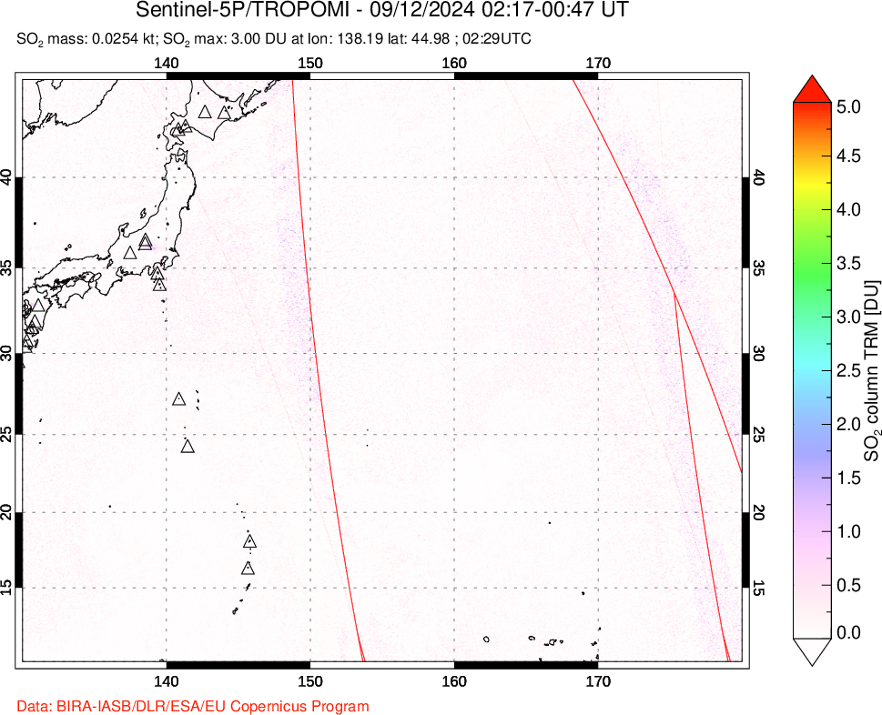 A sulfur dioxide image over Western Pacific on Sep 12, 2024.