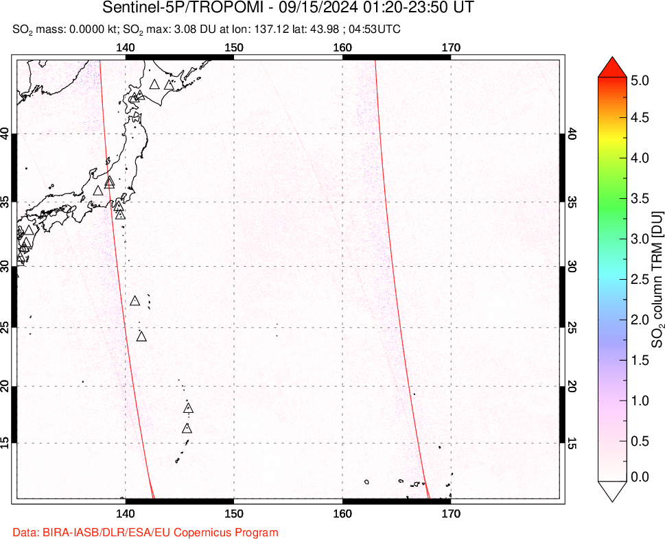 A sulfur dioxide image over Western Pacific on Sep 15, 2024.