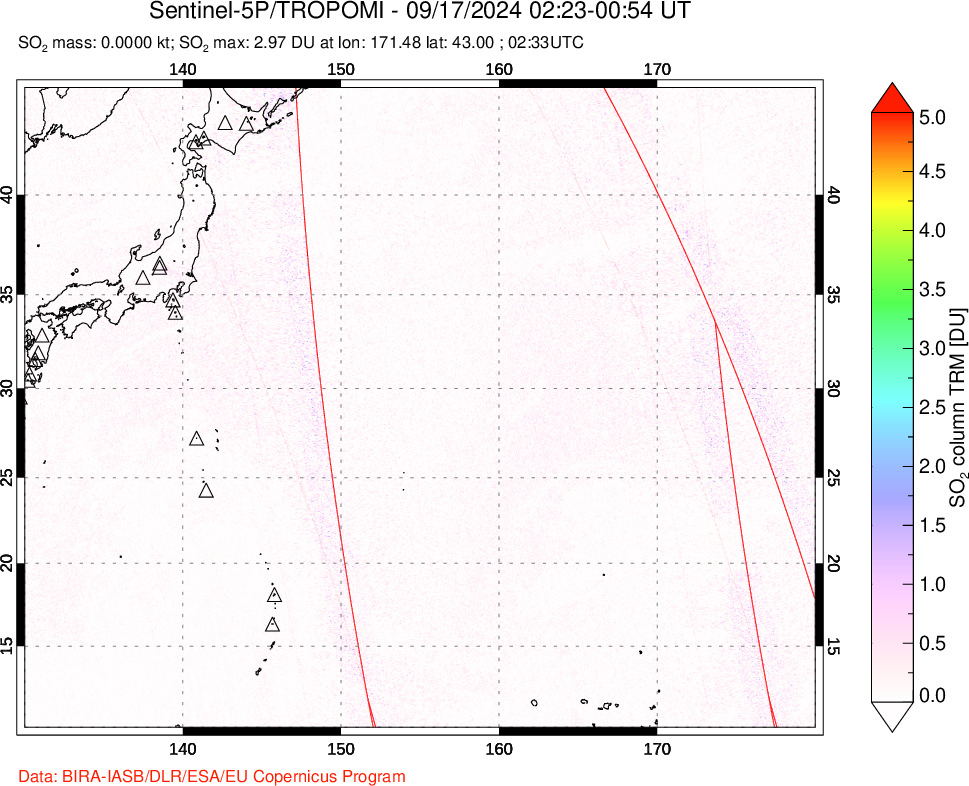 A sulfur dioxide image over Western Pacific on Sep 17, 2024.