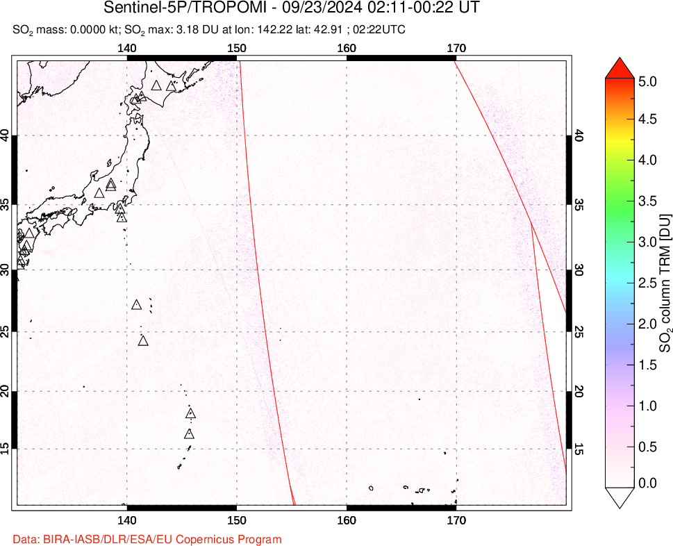 A sulfur dioxide image over Western Pacific on Sep 23, 2024.