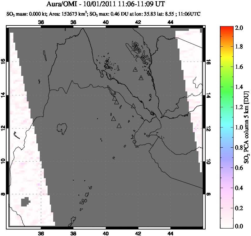A sulfur dioxide image over Afar and southern Red Sea on Oct 01, 2011.