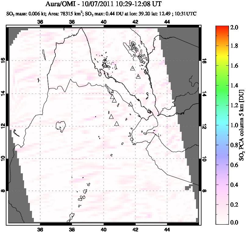 A sulfur dioxide image over Afar and southern Red Sea on Oct 07, 2011.