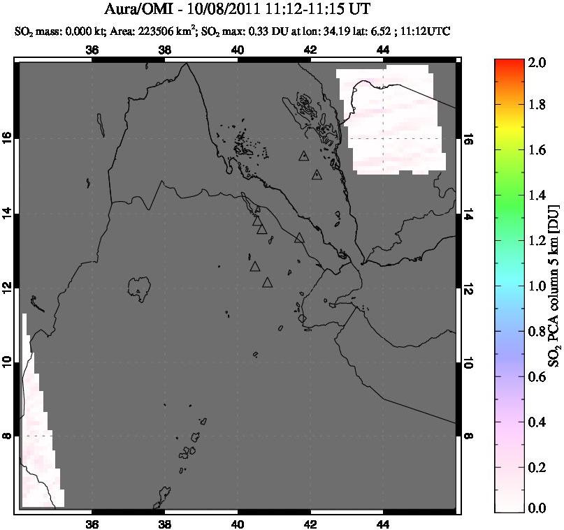 A sulfur dioxide image over Afar and southern Red Sea on Oct 08, 2011.
