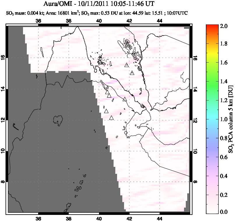 A sulfur dioxide image over Afar and southern Red Sea on Oct 11, 2011.