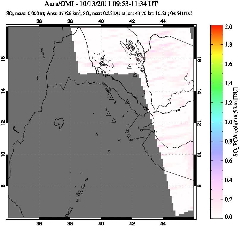 A sulfur dioxide image over Afar and southern Red Sea on Oct 13, 2011.