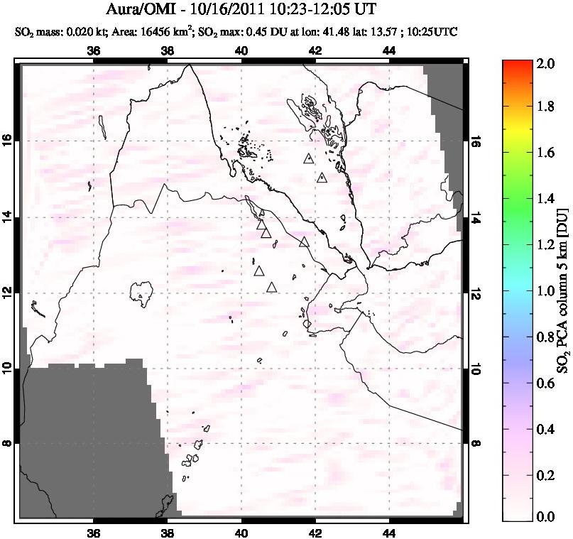 A sulfur dioxide image over Afar and southern Red Sea on Oct 16, 2011.