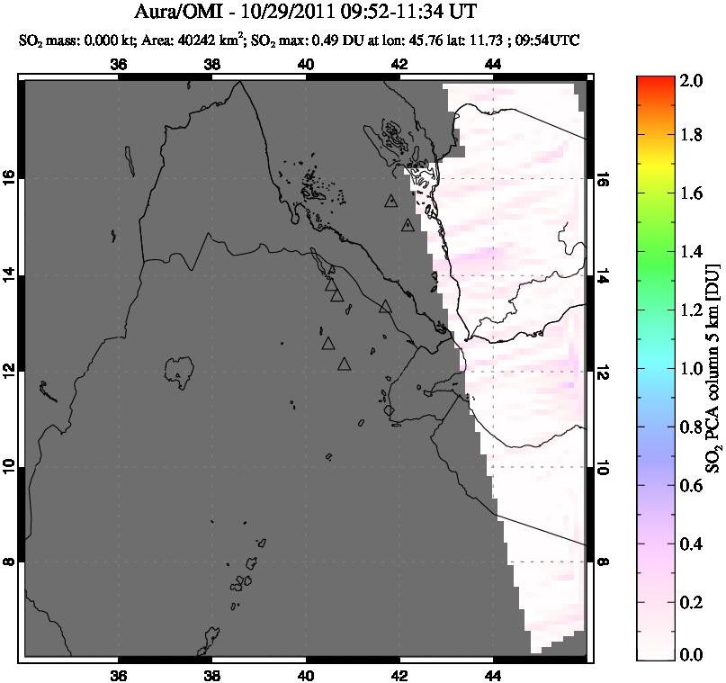 A sulfur dioxide image over Afar and southern Red Sea on Oct 29, 2011.