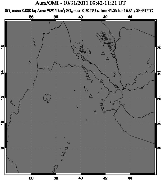 A sulfur dioxide image over Afar and southern Red Sea on Oct 31, 2011.