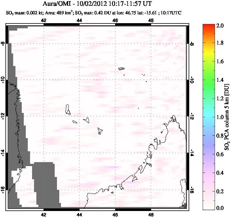 A sulfur dioxide image over Comoro Islands on Oct 02, 2012.