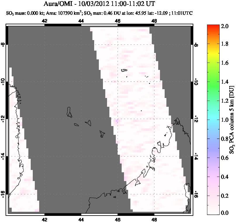 A sulfur dioxide image over Comoro Islands on Oct 03, 2012.