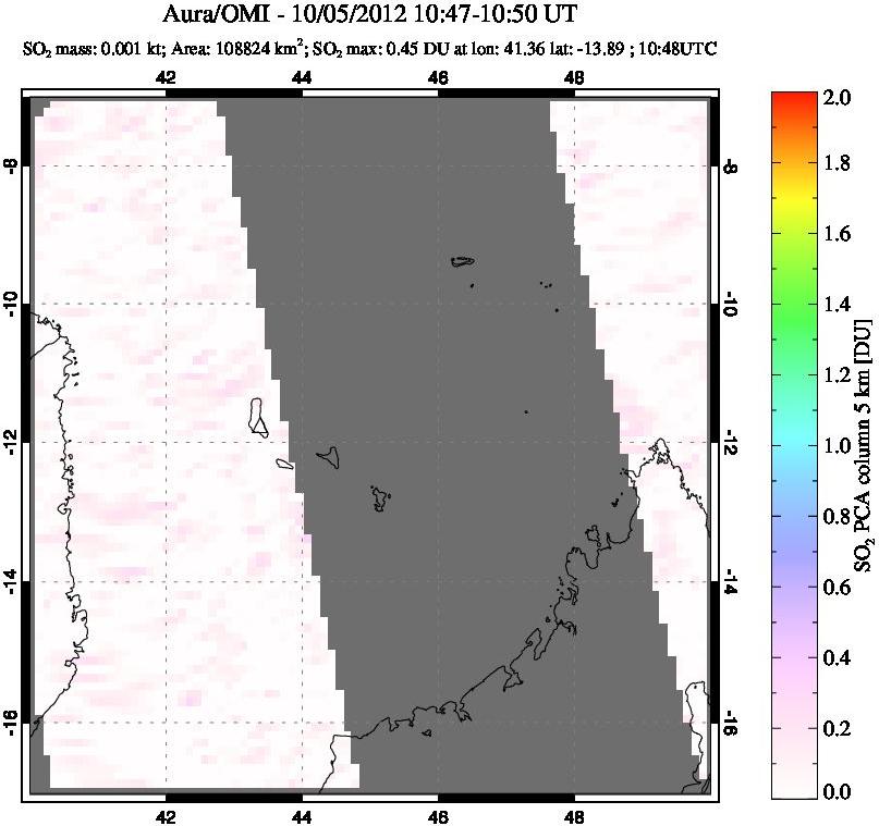 A sulfur dioxide image over Comoro Islands on Oct 05, 2012.