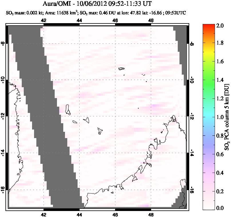 A sulfur dioxide image over Comoro Islands on Oct 06, 2012.