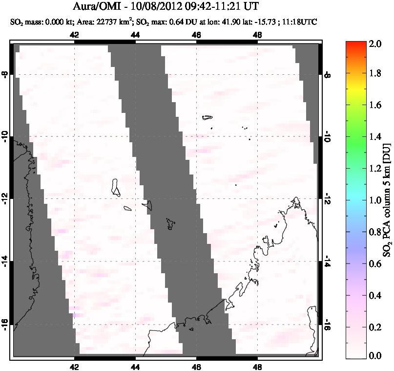 A sulfur dioxide image over Comoro Islands on Oct 08, 2012.