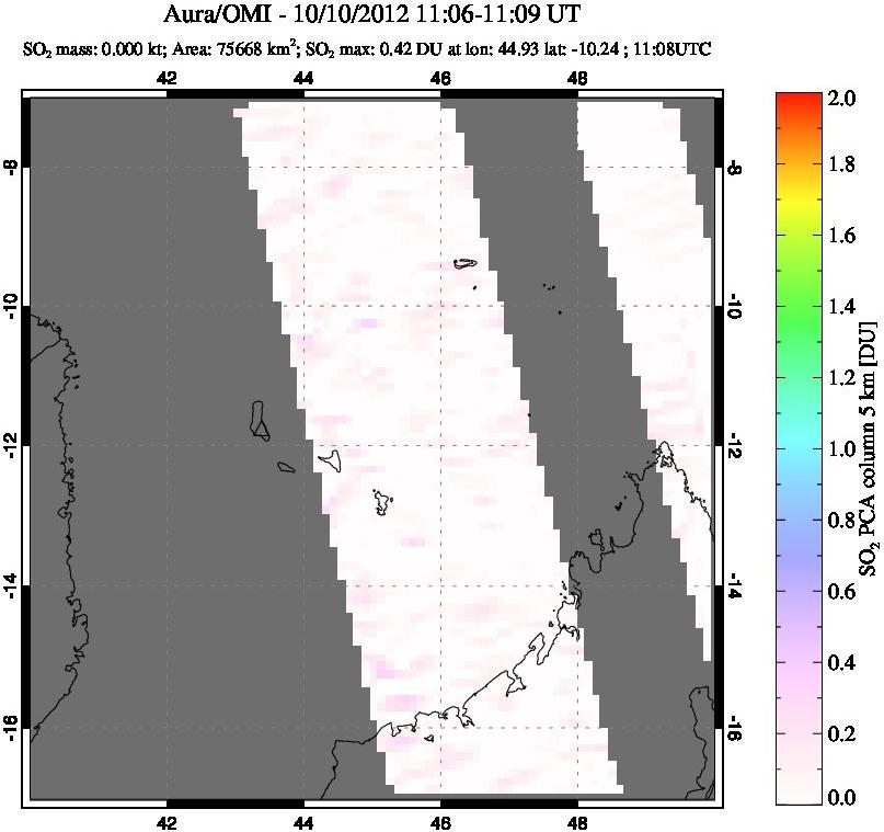 A sulfur dioxide image over Comoro Islands on Oct 10, 2012.