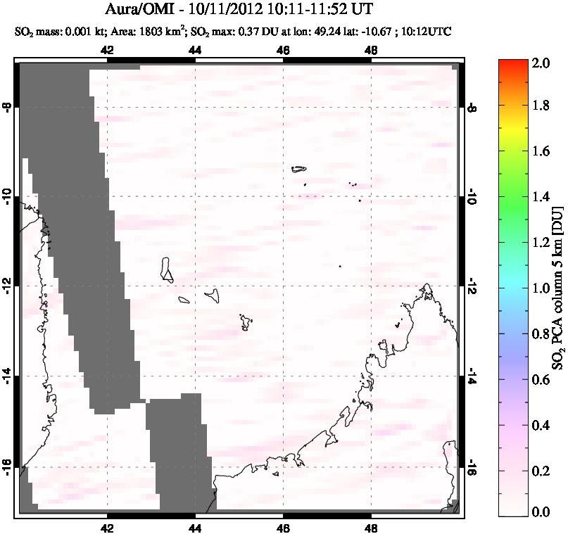 A sulfur dioxide image over Comoro Islands on Oct 11, 2012.