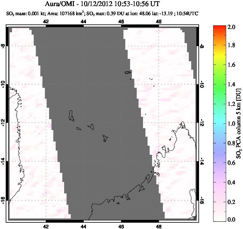 A sulfur dioxide image over Comoro Islands on Oct 12, 2012.