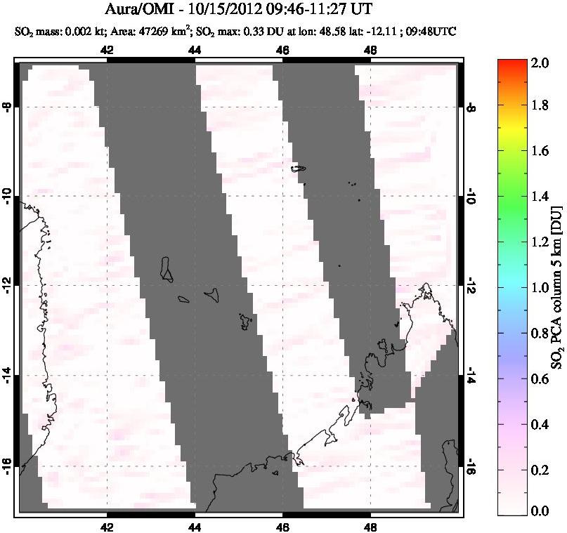 A sulfur dioxide image over Comoro Islands on Oct 15, 2012.