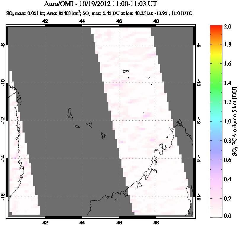 A sulfur dioxide image over Comoro Islands on Oct 19, 2012.