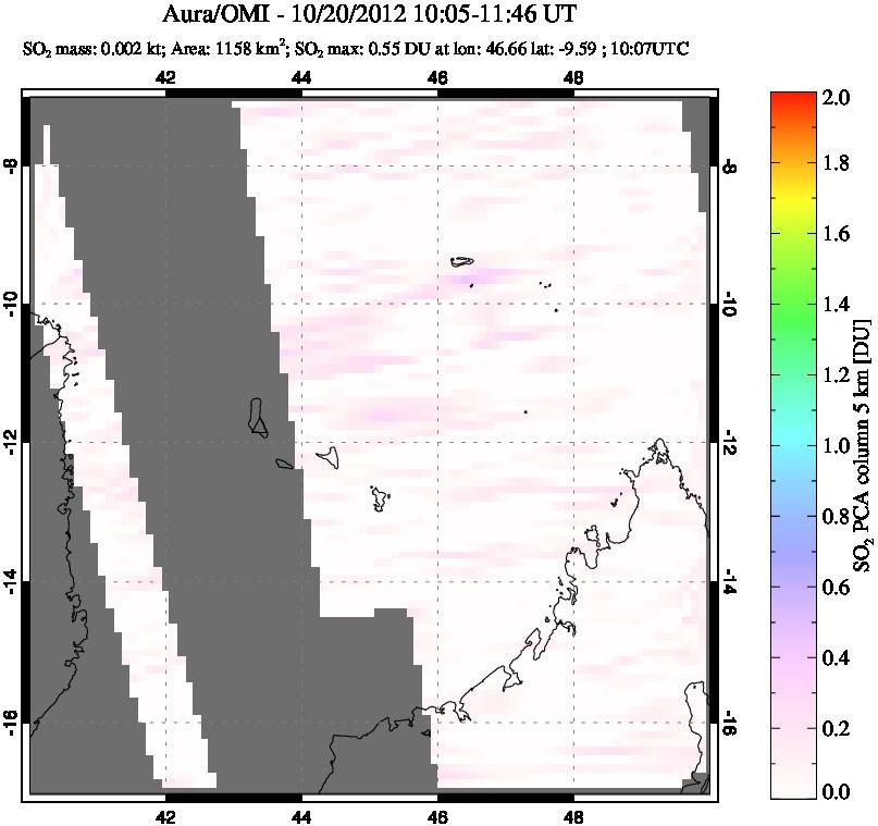 A sulfur dioxide image over Comoro Islands on Oct 20, 2012.