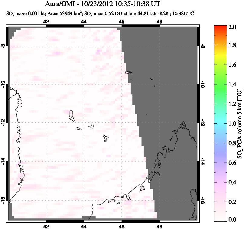 A sulfur dioxide image over Comoro Islands on Oct 23, 2012.