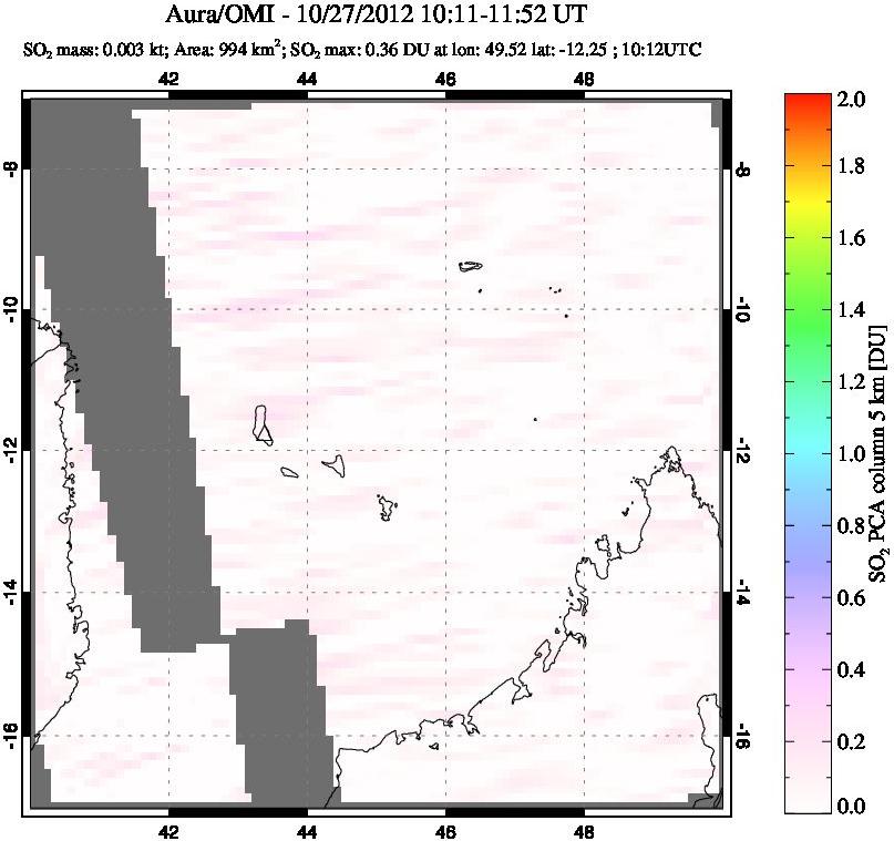 A sulfur dioxide image over Comoro Islands on Oct 27, 2012.
