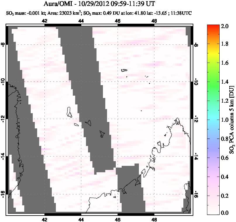A sulfur dioxide image over Comoro Islands on Oct 29, 2012.