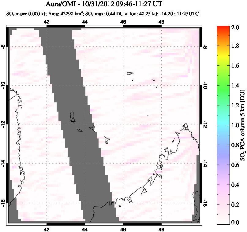 A sulfur dioxide image over Comoro Islands on Oct 31, 2012.