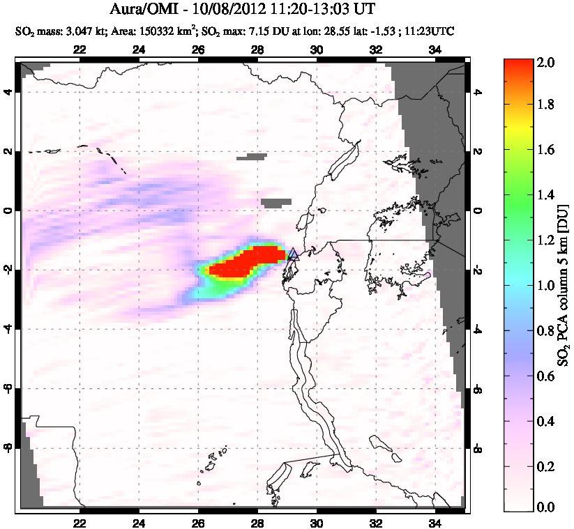 A sulfur dioxide image over Nyiragongo, DR Congo on Oct 08, 2012.