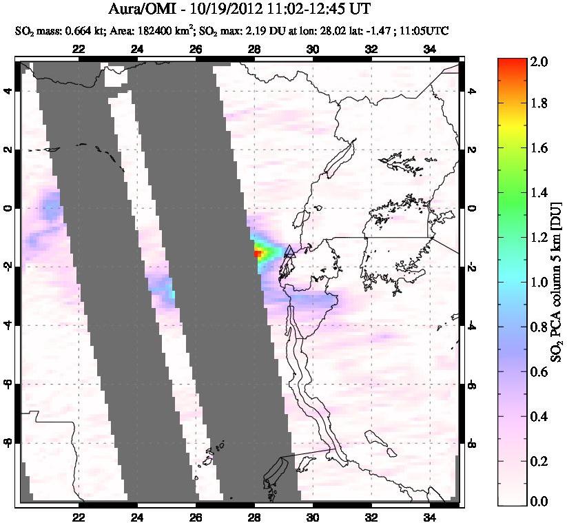 A sulfur dioxide image over Nyiragongo, DR Congo on Oct 19, 2012.