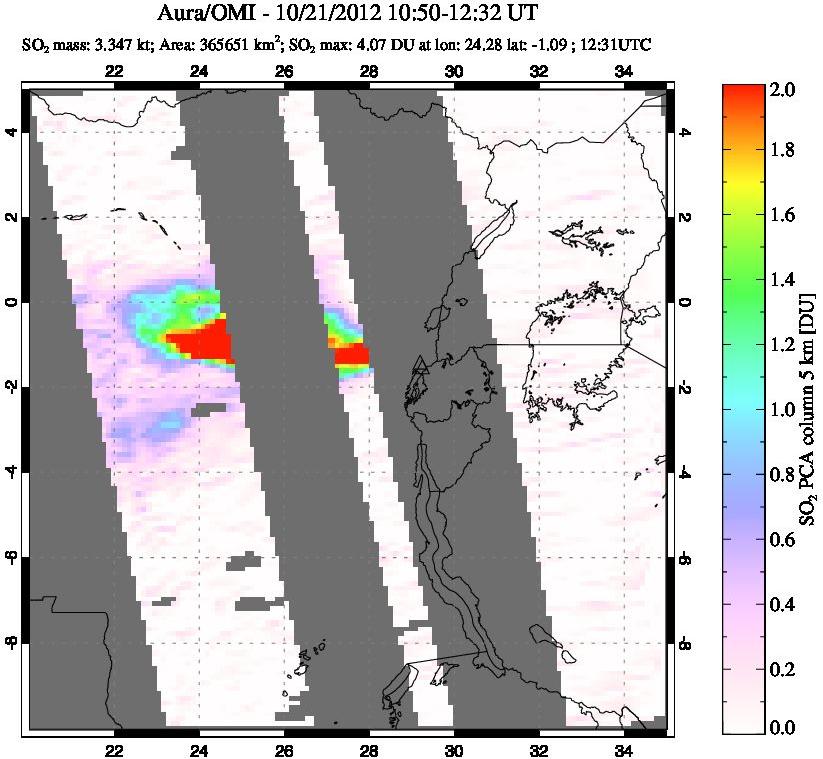 A sulfur dioxide image over Nyiragongo, DR Congo on Oct 21, 2012.