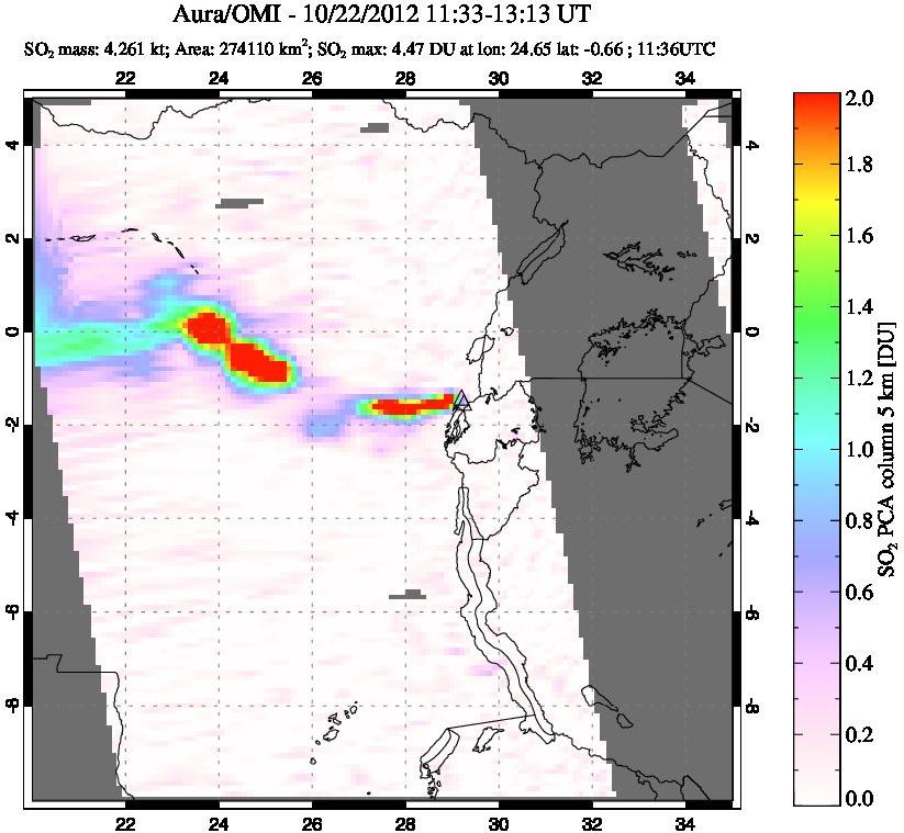 A sulfur dioxide image over Nyiragongo, DR Congo on Oct 22, 2012.