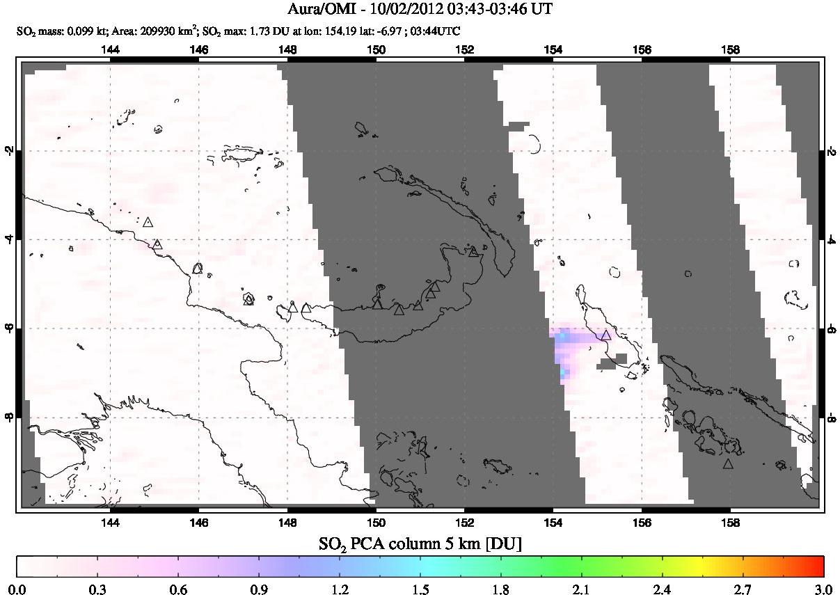 A sulfur dioxide image over Papua, New Guinea on Oct 02, 2012.