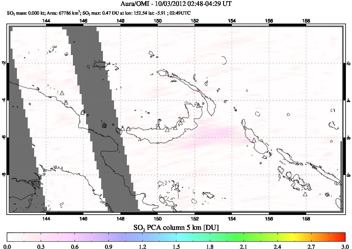 A sulfur dioxide image over Papua, New Guinea on Oct 03, 2012.