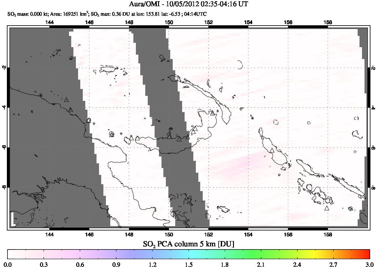 A sulfur dioxide image over Papua, New Guinea on Oct 05, 2012.