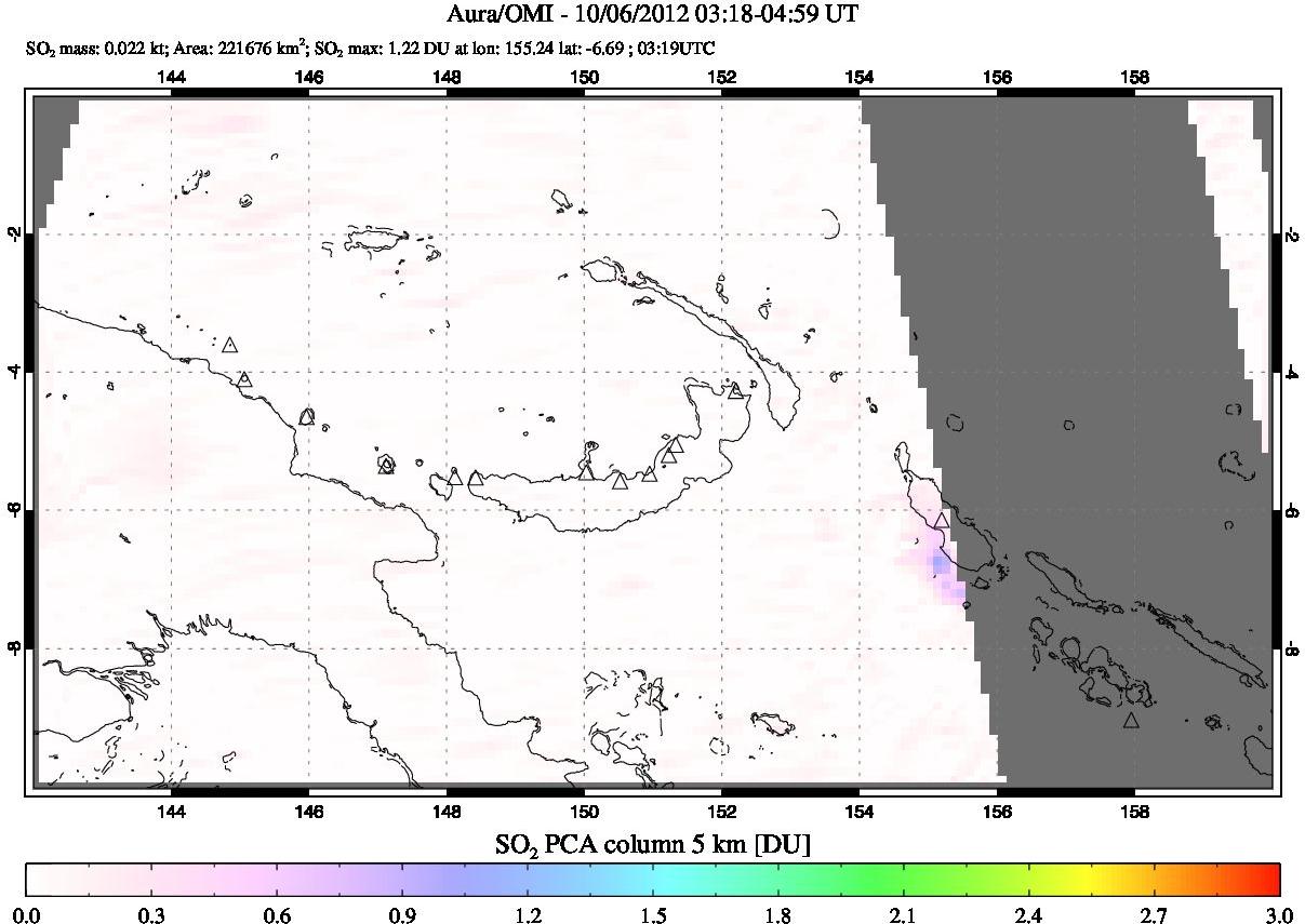 A sulfur dioxide image over Papua, New Guinea on Oct 06, 2012.