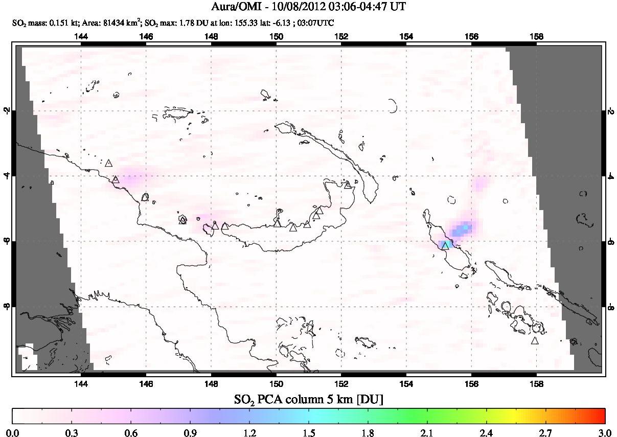 A sulfur dioxide image over Papua, New Guinea on Oct 08, 2012.