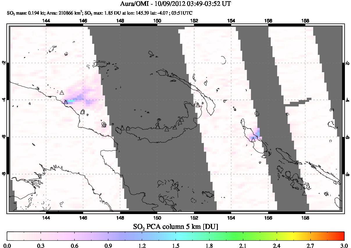 A sulfur dioxide image over Papua, New Guinea on Oct 09, 2012.