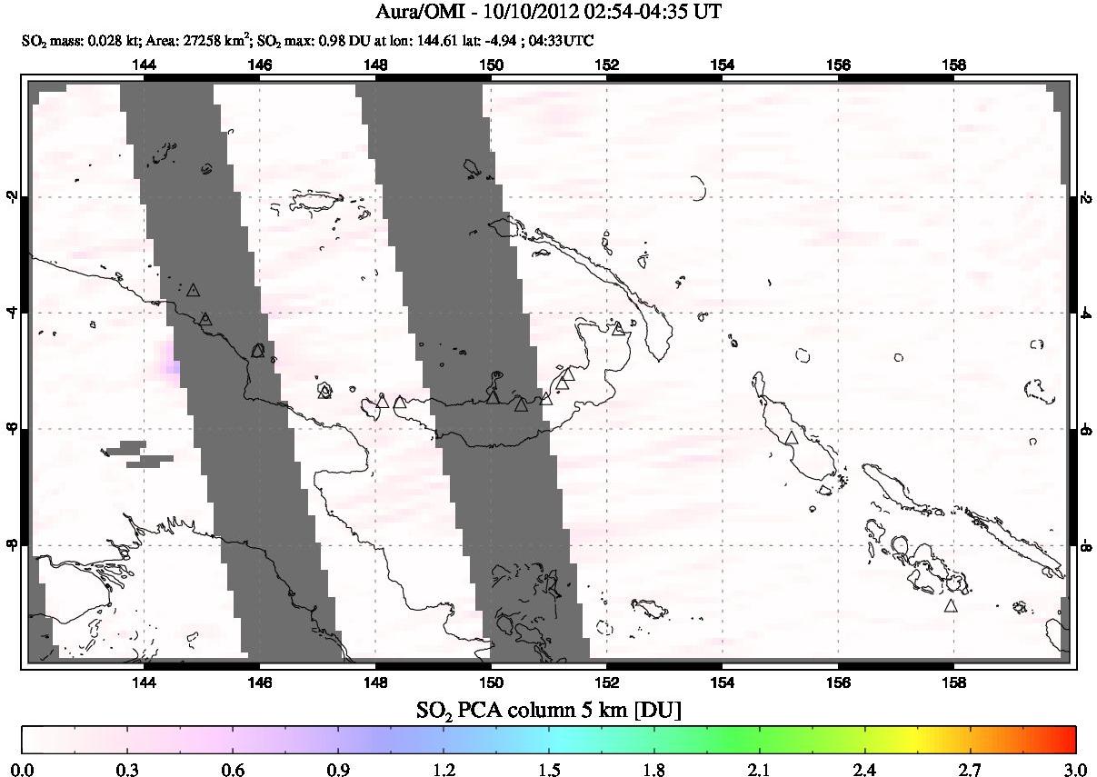 A sulfur dioxide image over Papua, New Guinea on Oct 10, 2012.