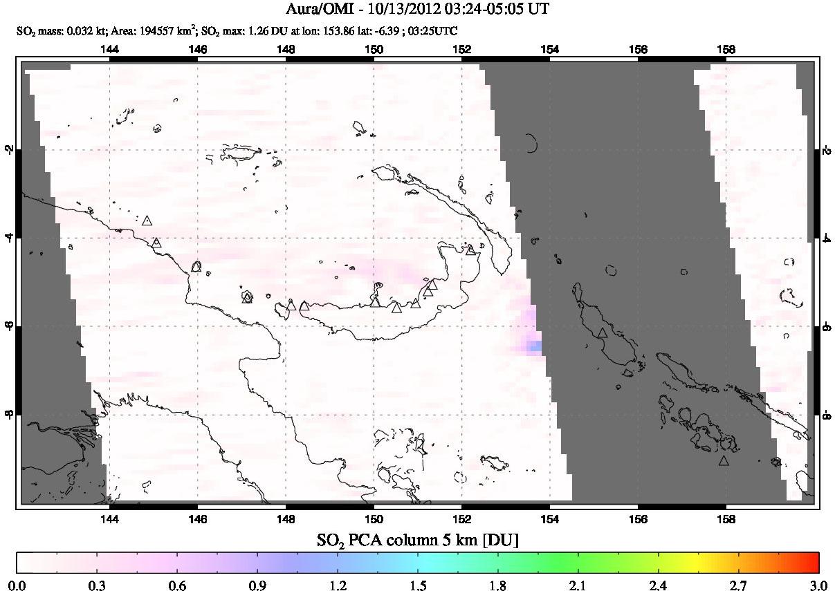 A sulfur dioxide image over Papua, New Guinea on Oct 13, 2012.