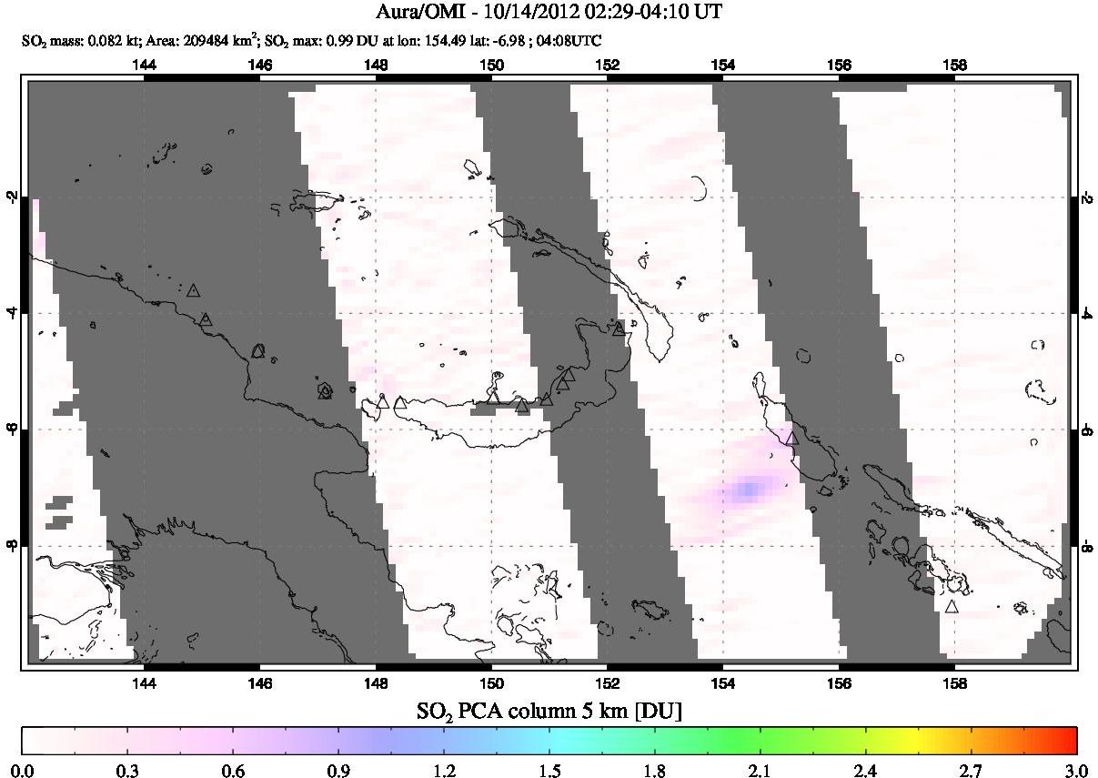 A sulfur dioxide image over Papua, New Guinea on Oct 14, 2012.