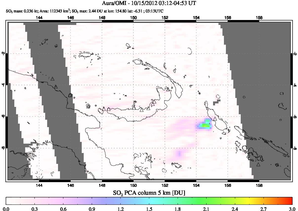 A sulfur dioxide image over Papua, New Guinea on Oct 15, 2012.