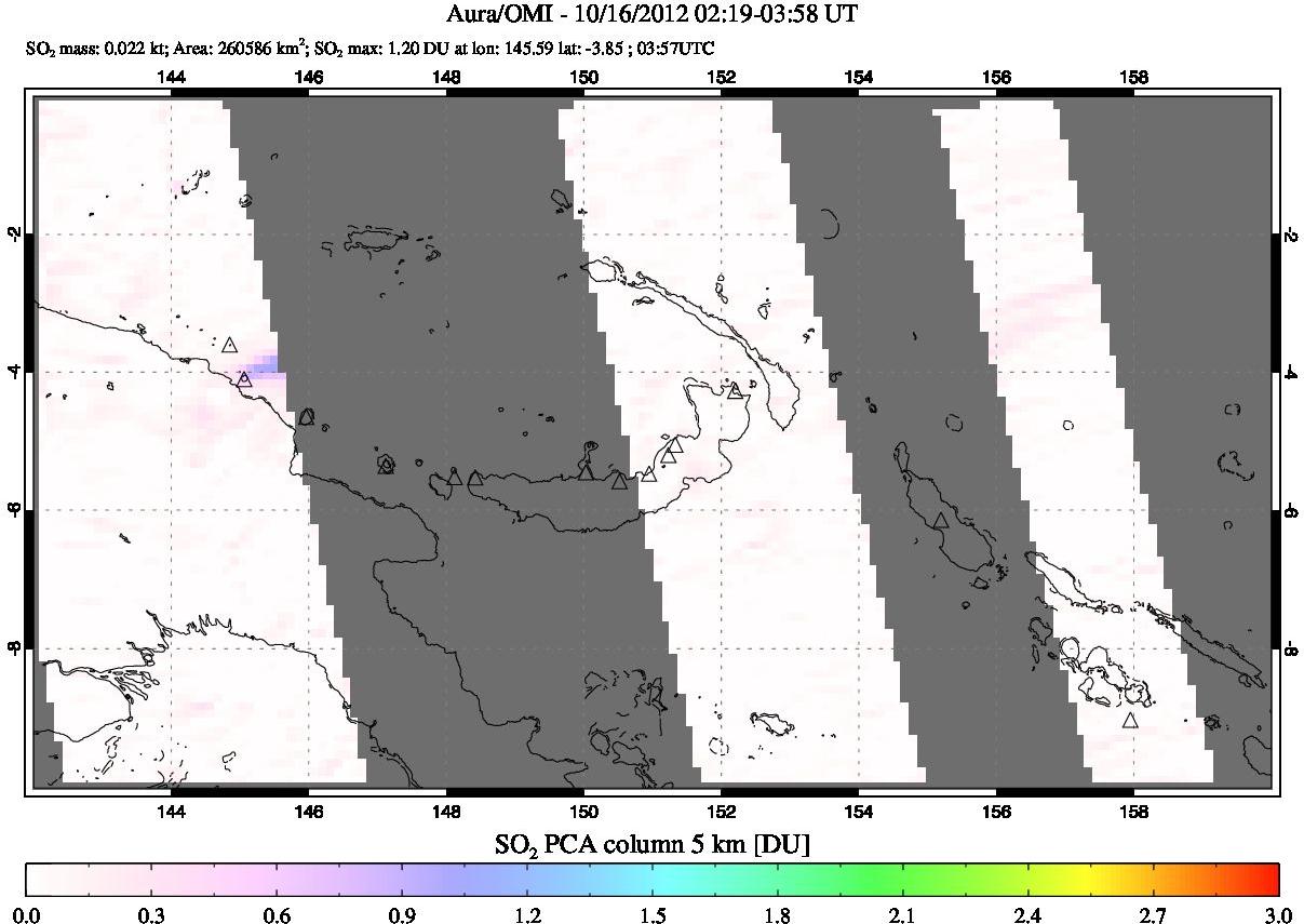 A sulfur dioxide image over Papua, New Guinea on Oct 16, 2012.