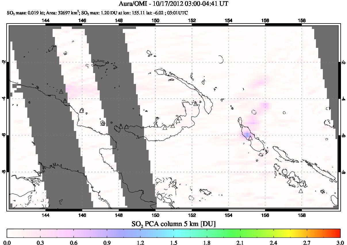 A sulfur dioxide image over Papua, New Guinea on Oct 17, 2012.