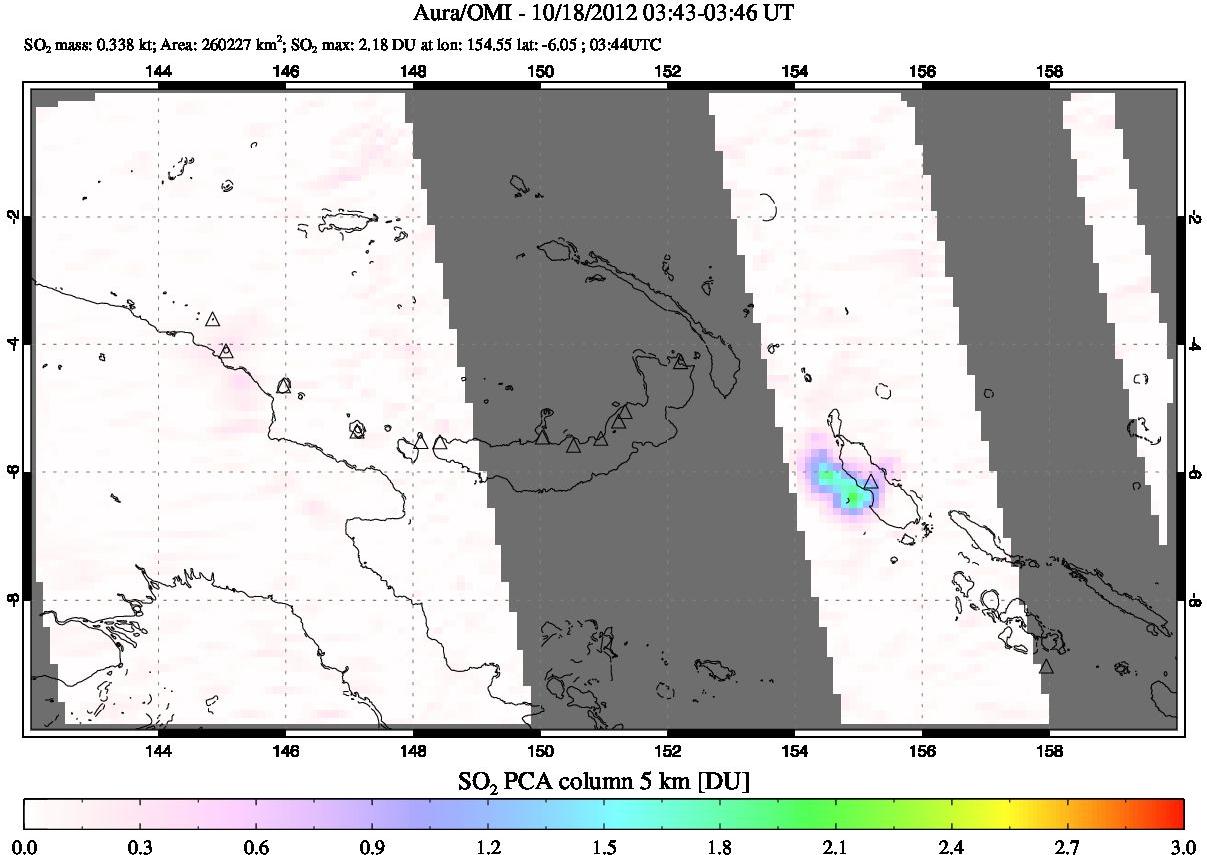 A sulfur dioxide image over Papua, New Guinea on Oct 18, 2012.