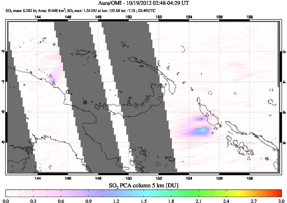 A sulfur dioxide image over Papua, New Guinea on Oct 19, 2012.