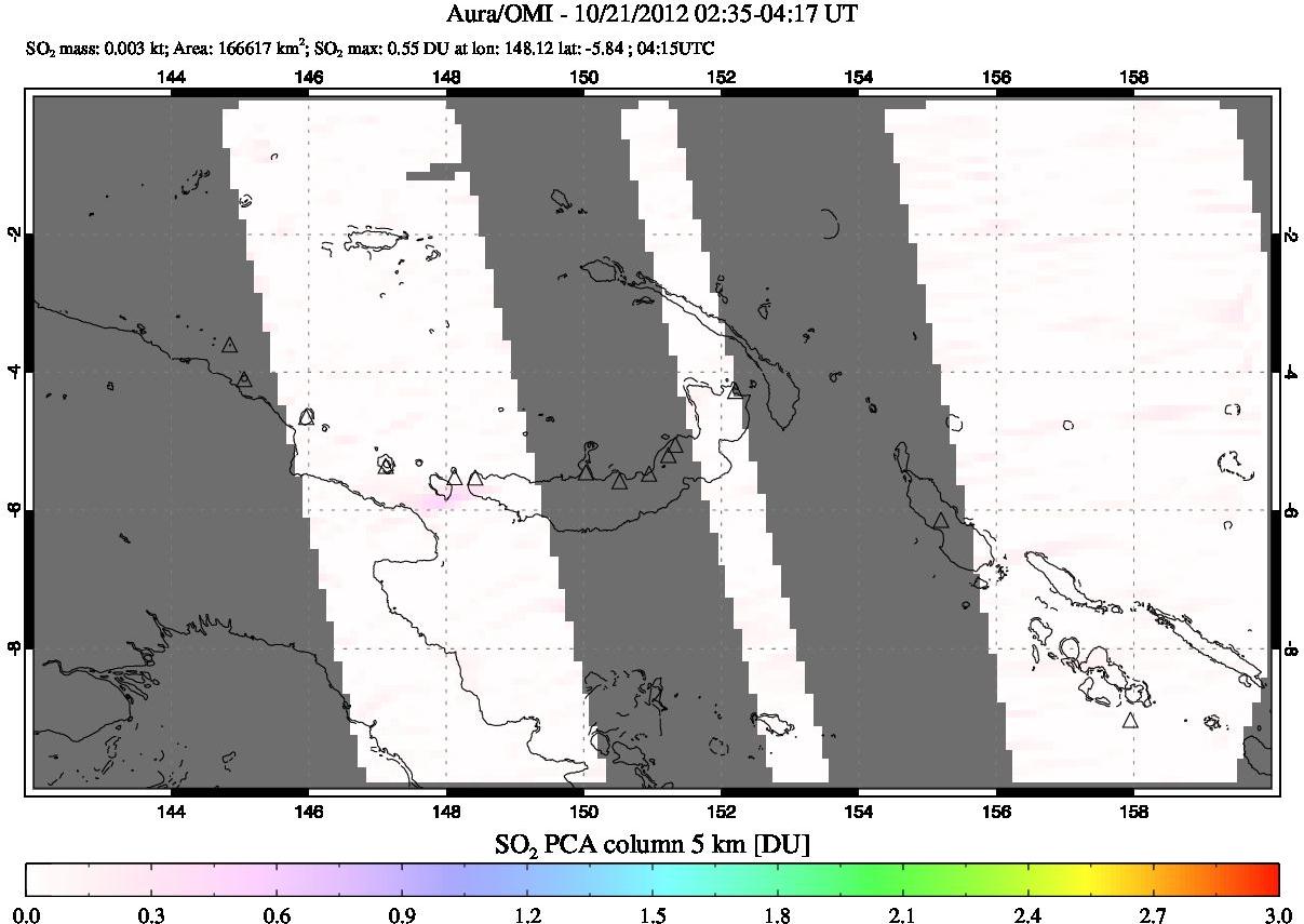 A sulfur dioxide image over Papua, New Guinea on Oct 21, 2012.