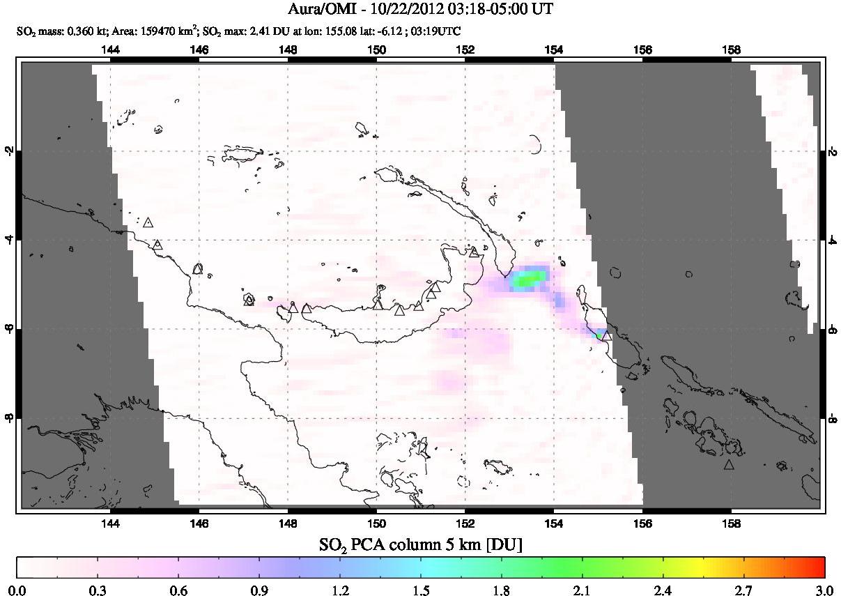 A sulfur dioxide image over Papua, New Guinea on Oct 22, 2012.