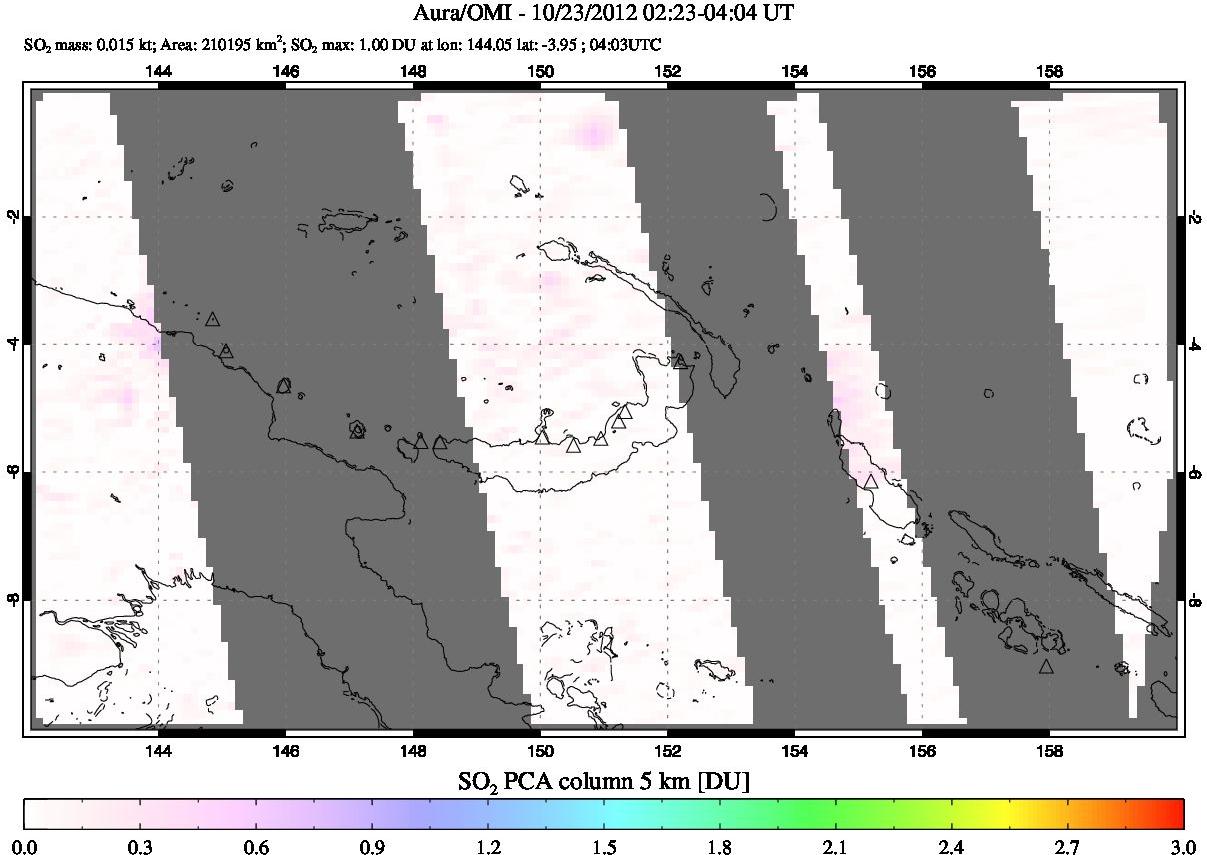 A sulfur dioxide image over Papua, New Guinea on Oct 23, 2012.