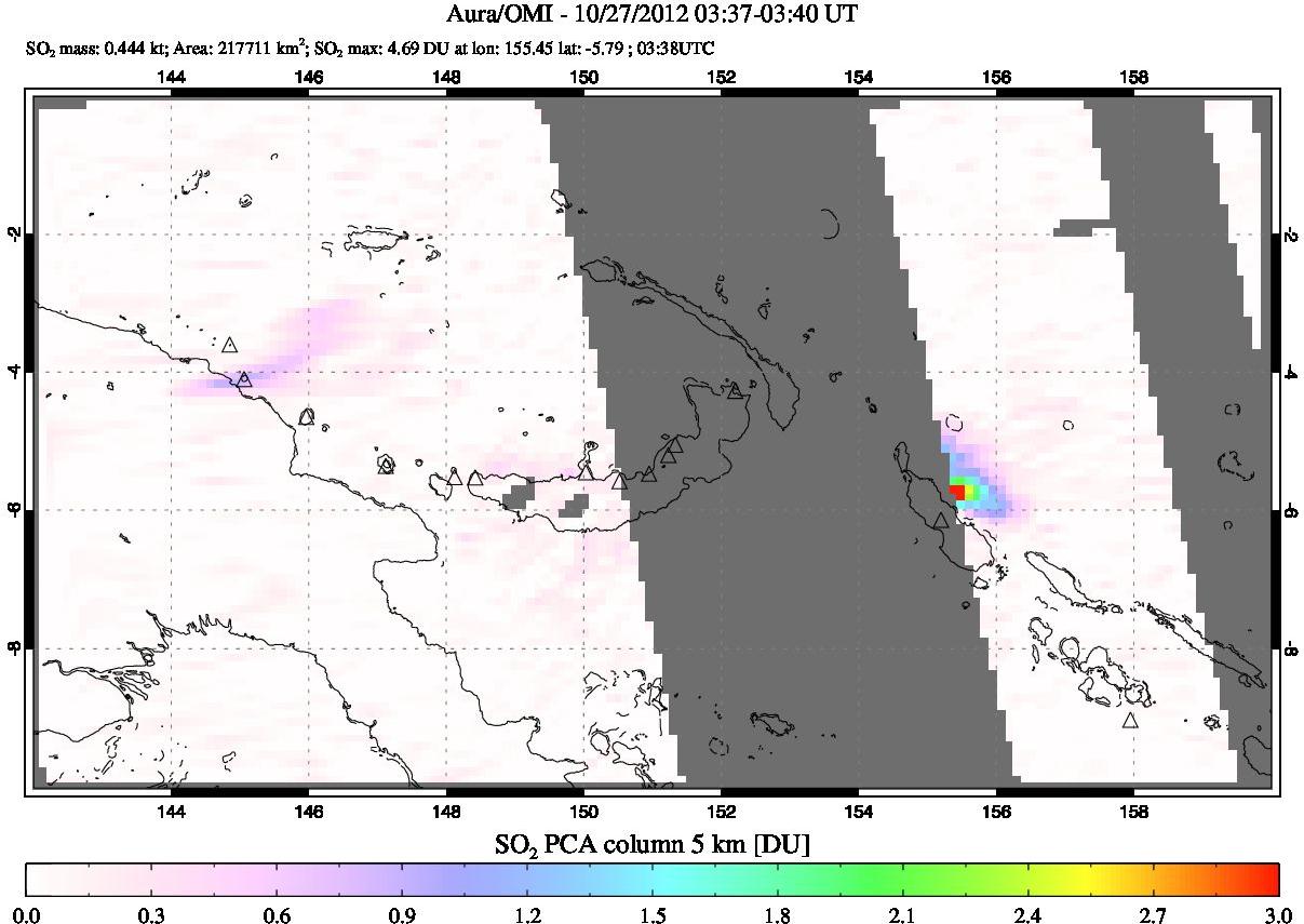 A sulfur dioxide image over Papua, New Guinea on Oct 27, 2012.